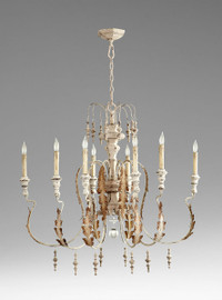 French Country Style - Wrought Iron and Wood Eight Light Chandelier - Distressed White Finish