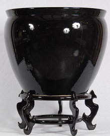 Ebony Black Decorator Solid - Luxury Handmade Chinese Porcelain - 12 Inch Fish Bowl | Fishbowl | Planter - Style 35