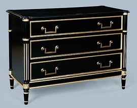 A Louis Seize French Neo Classical Period Louis XVI - 44 Inch Handcrafted Reproduction Versailles Commode | Entry Chest | Dresser - Painted Black Luxurie Furniture Finish EBN with Gold Accents