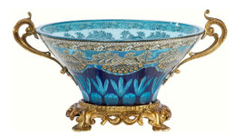 A Luxe Life Finely Finished Cut Crystal Glass and Gilt Bronze Ormolu, 11 Inch Dish Centerpiece Bowl 6844 ME - Cut Glass Centerpiece Bowl