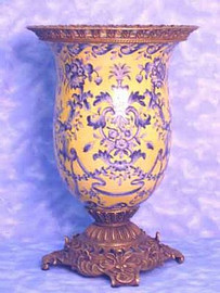 Yellow and Blue Pattern, Luxury Hand Painted Porcelain and Gilt Bronze Ormolu, 15 Inch Flower Vase