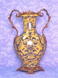 Yellow and Blue Pattern - Luxury Hand Painted Porcelain and Gilt Bronze Ormolu - 17.5 Inch Vase