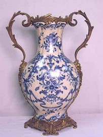 Blue and White Floral Pattern, Luxury Hand Painted Porcelain and Gilt Bronze Ormolu, 17.5 Inch Tabletop | Mantel Vase