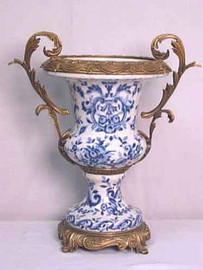Blue and White Floral Pattern - Luxury Hand Painted Porcelain and Gilt Bronze Ormolu - 14 Inch Trophy Cup Vase