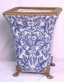 Blue and White Pattern - Luxury Hand Painted Porcelain and Gilt Bronze Ormolu - 11 Inch Square Planter