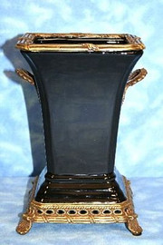 Solid Gloss Black - Luxury Hand Painted Orient Express Porcelain and Gilt Bronze Ormolu - 9 Inch Planter
