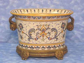 Florentine Pattern - Luxury Hand Painted Porcelain and Parcel Gilt Bronze Ormolu - 12 Inch Oval Planter