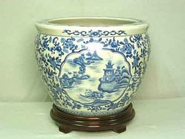 Blue and White Pagoda - Luxury Handmade Reproduction Chinese Porcelain - 18 Inch Fish Bowl | Fishbowl | Planter | Side Table Base Style 35