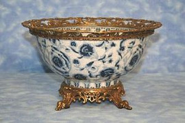 Indigo Blue and White Pattern - Luxury Hand Painted Porcelain and Gilt Bronze Ormolu - 10 Inch Bowl | Centerpiece
