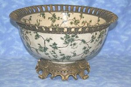 Off White and Green Ivy Vine with Dorado de Oro Brass Ormolu - Luxury Handcrafted Chinese Porcelain - Statement 14.5 Inch Decorative Display Bowl | Centerpiece Style F78