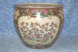 Gold Birds and Flowers Pattern - Luxury Hand Painted Porcelain - 14 Inch Fish Bowl | Fishbowl | Planter