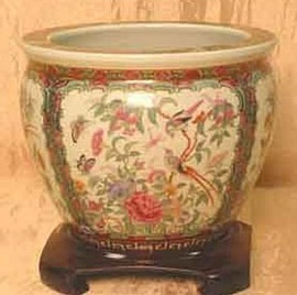 Gold Birds and Flowers - Luxury Hand Painted Porcelain - 14 Inch Fish Bowl | Fishbowl | Planter 3119 PN