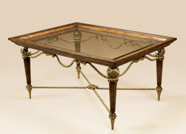 Knotted Rope Tray Style and Inset Beveled Glass Top - 46 Inch Rectangle Cocktail | Coffee Table - Aged Bronze and Pine Finish
