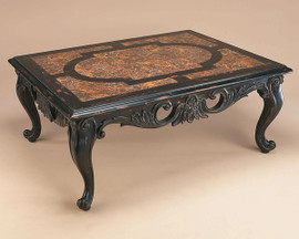 Hand Carved Hardwood and Inset Oblong Stone Top - 52 Inch Rectangle Cocktail | Coffee Table - Black Finish with Scroll Feet