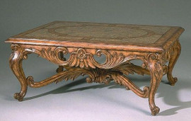 Hand Carved Hardwood and Inset Oblong Stone Top - 53 Inch Rectangle Cocktail | Coffee Table - Antique Finish with Scroll Feet