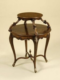 Hand Carved Hardwood Tiered - 31 Inch Round Entry Foyer | Center Table - Brown Walnut with Parcel Gilt Accents
