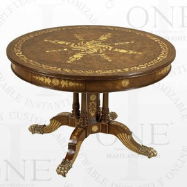 Empire Style Hand Carved Hardwood and Marquetry Inlay - 48 Inch Round Pedestal Entry Foyer | Center Table - Solid Bronze Sabot Paw Feet