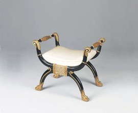Hardwood Hand Carved Empire Style - 30 Inch Accent Bench - Black Lacquer Finish and Gold with Neutral Silk Upholstery