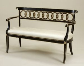 Hardwood Hand Carved Federal Neoclassical Style - 58 Inch Canape' | Settee | Sofa - Painted Black Lacquer and Gold Finish - Silk Upholstery