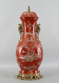 Crimson Garden Pattern, Luxury Hand Painted Porcelain and Gilt Bronze Ormolu, 28 Inch Covered Jar