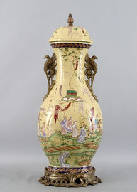 Dynasty Luxury Hand Painted Porcelain and Parcel Gilt Bronze Ormolu, 28 Inch Covered Jar