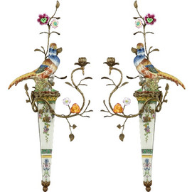 Spring Gardens Pattern - Luxury Hand Made Chinese Porcelain and Gilt Brass Ormolu - 30 Inch Taper Candle Holder Set, Wall Bracket Sconce Pair