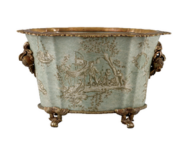 Celadon Toile Pattern, Luxury Hand Painted Porcelain and Gilt Bronze Ormolu, 16 Inch Oval Planter | 2827