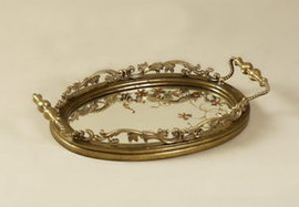 Reverse Hand Painted Mirror - Floral 18 Inch Tray - Antique Brass Finish
