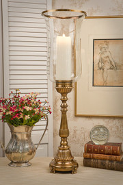 Brass, 30 Inch Footed Hurricane Lamp, Antique Brass Finish