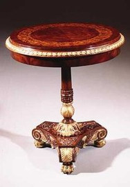 Round Mahogany Carved Hardwood and Marquetry Inlay - 24 Inch Pedestal Accent Table - Gilt Metal Accents