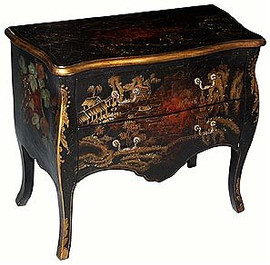 Hand Painted Louis XIV Style - 33.5 Inch Bombe Entry Chest | Bedside Commode - Chinoiserie Design
