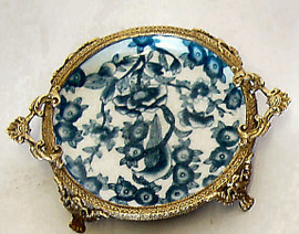 Luxury Handmade Chinese Porcelain & Gilt Brass Ormolu - 7 Inch Reproduction Blue & White Coaster Set of 2