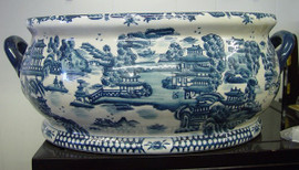 Style 591 - Indigo Blue and White Pagoda - Luxury Handmade Reproduction Chinese Porcelain - Medium 16 Inch Foot Bath, Centerpiece Planter - Style 591