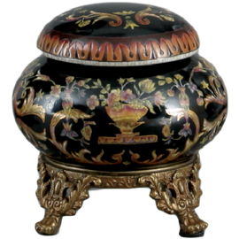 Floral Drama Pattern, Luxury Hand Painted Chinese Porcelain and Gilt Brass Ormolu, 4 Inch Round Decorative Box