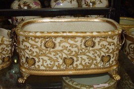 Style E593 - Rectangular Centerpiece Statement Planter | Ivory and Gold Lotus Scroll Arabesque with Gilded Brass Ormolu - Luxury Handmade Reproduction Chinese Porcelain - 17 Inch