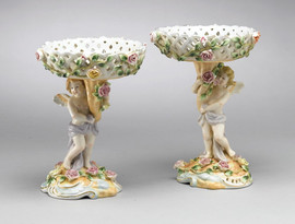 A Meissen Style Porcelain Compotier | Pedestal Bowl | Pedestal Flower Arrangement Vase | Right and Left Facing Set | 8.5t X 6.5w X 6.5d