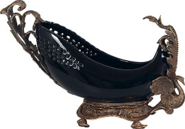 Obsidian Black Decorator Solid with D'or Brass Ormolu - Luxury Handmade Chinese Porcelain - Statement 24.5 Inch Bowl | Centerpiece - Style A159