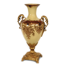 Hand Made Red & Ivory Finely Finished Glass - Footed 18.5" Vase - Cast Brass Burnished Gilt Finish