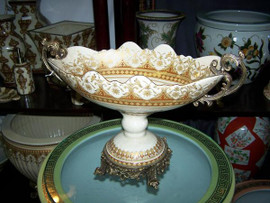 Neo Classical Ivory and Gold - Luxury Handmade Reproduction Chinese Porcelain and Gilt Brass Ormolu - 19 Inch Footed Flower Bowl | Centerpiece - Style B358