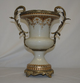 Neo Classical Ivory and Gold - Luxury Handmade Reproduction Chinese Porcelain and Gilt Brass Ormolu - 14 Inch Trophy Cup Mantel Vase - Style A857