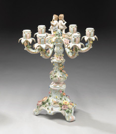 A Meissen Style Tabletop, 21.5t X 16.5w X 16.5d Porcelain Candelabra Pair, Cherub Motif, 6705