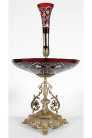 Hand Cut Jewel Red Bohemian Czech Crystal - 28.5 Inch Epergne | Center Piece - Guilded Bronze Mounts