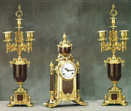 Antique Style French Louis Garniture, Colle Mandina, Rose Red Italian Marble & Brass Ormolu Mantel, Table Clock, 22.83", Five Light Candelabra Set, French Gold Gilt Patina, Handmade Reproduction of a 17th, 18th Century Dore Bronze Antique, 6688