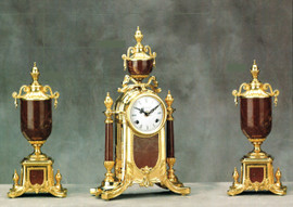 Antique Style French Louis Garniture, Colle Mandina, Rose Red Italian Marble & Brass Ormolu Mantel, Table Clock, 16.92", Cassolette Urn Set, French Gold Gilt Patina, Handmade Reproduction of a 17th, 18th Century Dore Bronze Antique, 6689