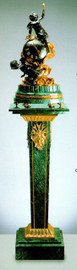 Verde Delle Alpi, Green Italian Marble & Brass Ormolu Mantel, Table Clock and Column, 68.82" Set, French Gold Gilt - Handmade Reproduction of a 17th, 18th Century Dore Bronze Antique, 6676