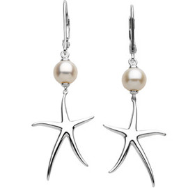 Sterling Silver Starfish Earrings with White Freshwater Cultured Pearl