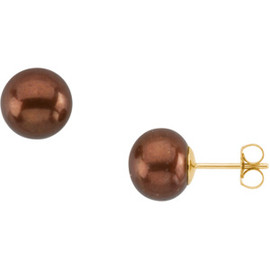 Chocolate Freshwater Round Cultured Pearl & Gold Stud Earrings
