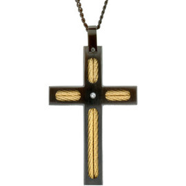 Steelworks | Young Mens Black and Yellow Ion Stainless Steel | White Diamond Cross Pendant | 22 Inch Neck Chain