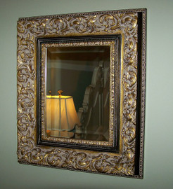 French Renaissance Louis Treize Flourish - Traditional Drama Bevel Mirror, Antiqued Gold, Black, and Grey, Medium 31"t x 27"w - Wide 5.75" Carved Frame, 6619