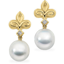 Paspaley Fine 11.5 millimeter Near Round South Sea Cultured Pearl & Diamond Fleur de Lis dangle Ear Rings 18k